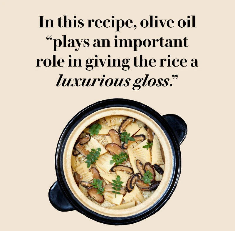 In this recipe, olive oil “plays an important role in giving the rice a luxurious gloss.”