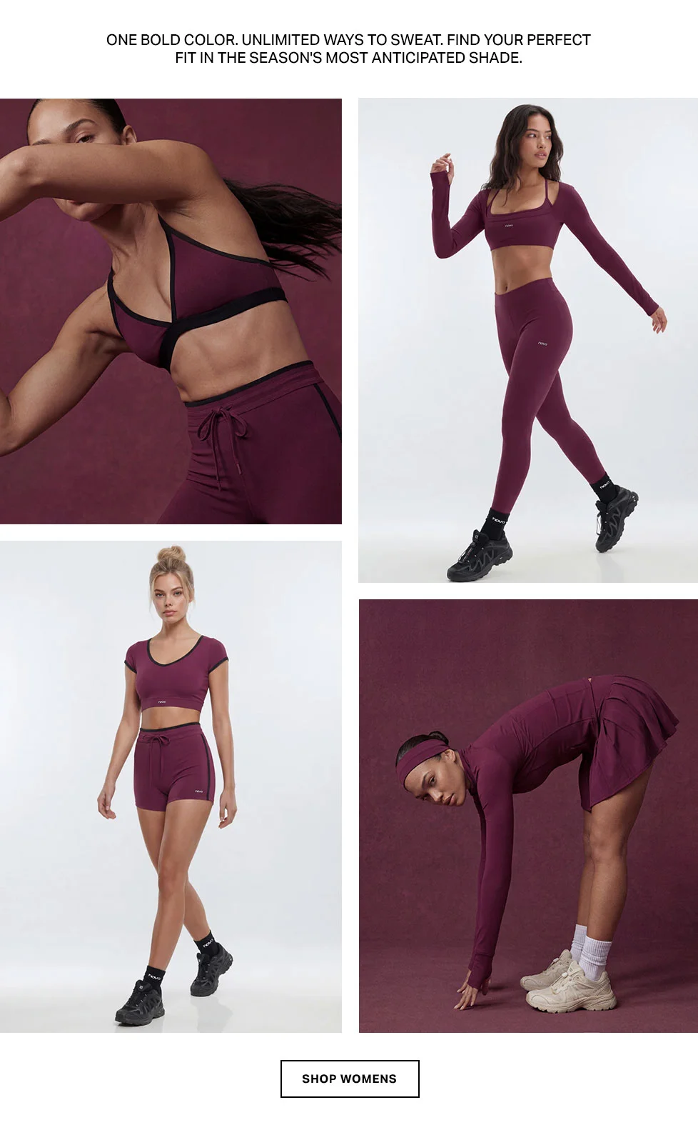 Four women model a new deep plum activewear collection: versatile sports bras, leggings, shorts, and skorts for any workout.