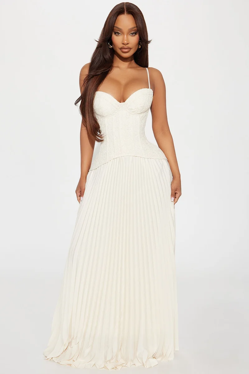 Image of Daniella Lace Corset Pleated Maxi Dress - Cream