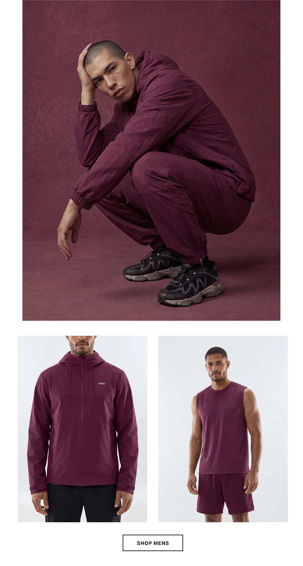 Man in a rich burgundy hooded tracksuit and black athletic sneakers, squatting on a textured background. Highlights versatile men's activewear.