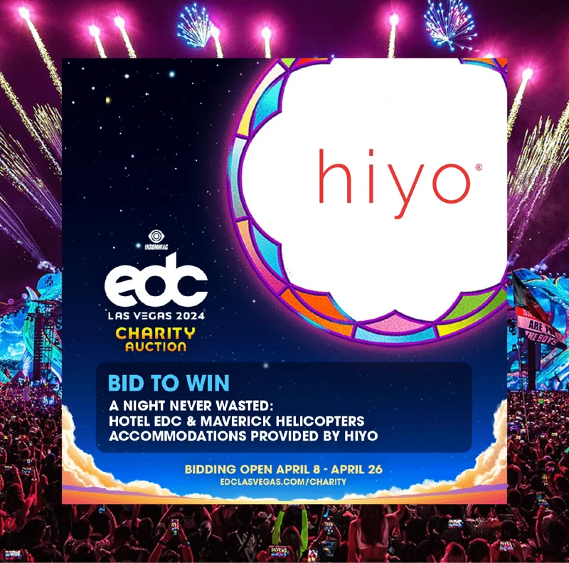 EDC LAS VEGAS 2024 CHARITY AUCTION: BID TO WIN A NIGHT NEVER WASTED, HOTEL EDC & MAVERICK HELICOPTERS ACCOMMODATIONS PROVIDED BY HIYO.