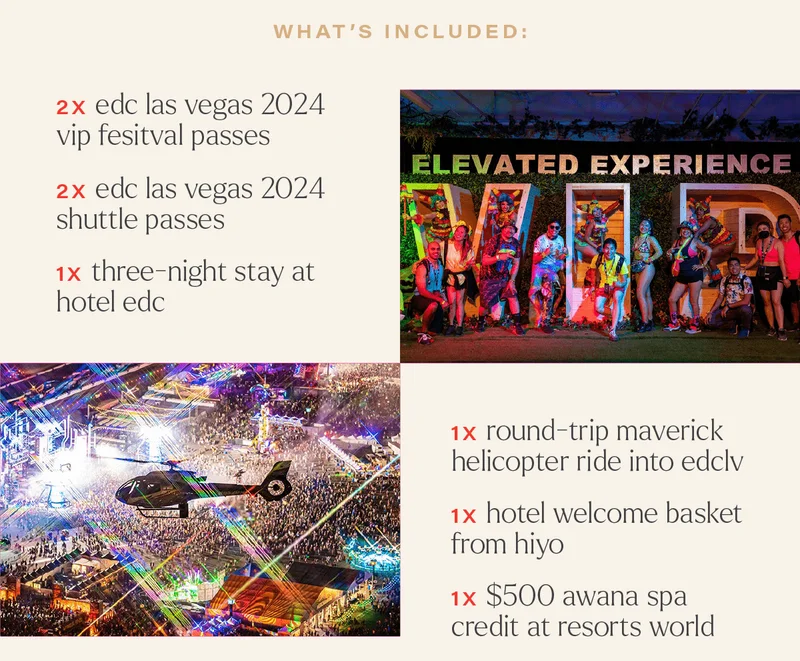 WHAT'S INCLUDED: 2x edc las vegas 2024 vip weekend passes; 2x edc las vegas 2024 shuttle passes; 1x three night stay at hotel edc; 1x round-trip maverick helicopter ride into edc las vegas 2024; 1x hiyo hotel welcome basket with plenty of sips for your stay; 1x $500 credit to awana spa at resorts world.