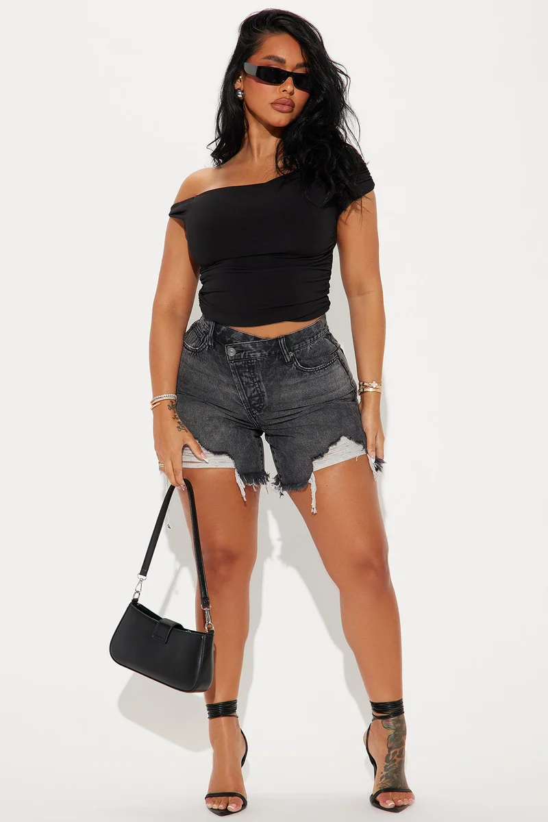 Image of At A Glance Crossover Denim Shorts - Grey