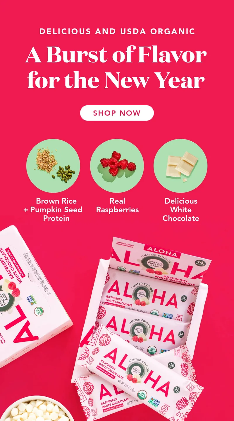 A delicious and USDA Organic burst of flavor for the New Year! Our Raspberry White Chocolate bars contain brown rice + pumpkin seed protein, real raspberries, and delicious white chocolate.