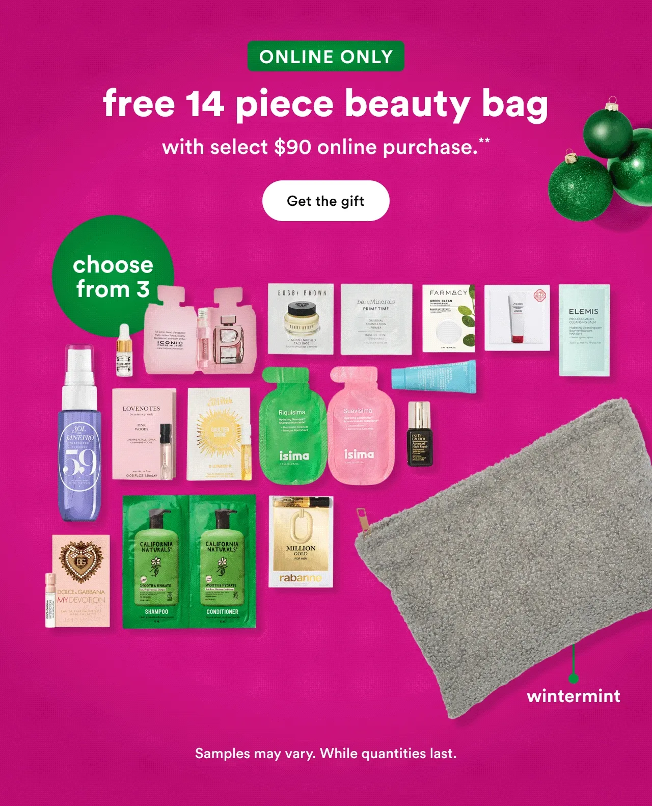 Free 15 piece beauty bag with $90 purchase! choose from 3!