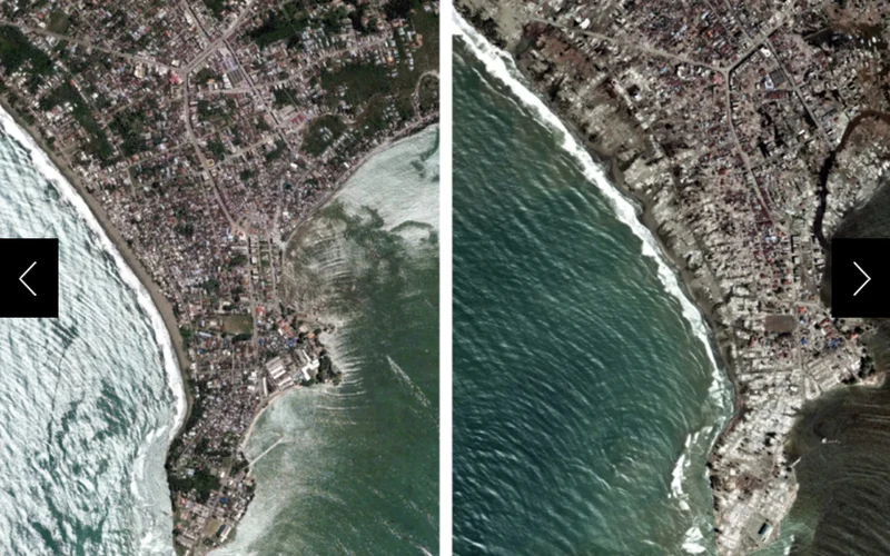 A combination of satellite images shows the coast of Meulaboh on Indonesia's Sumatra island on May 18, 2004 (L) and on January 7, 2005 after the Indian Ocean tsunami.