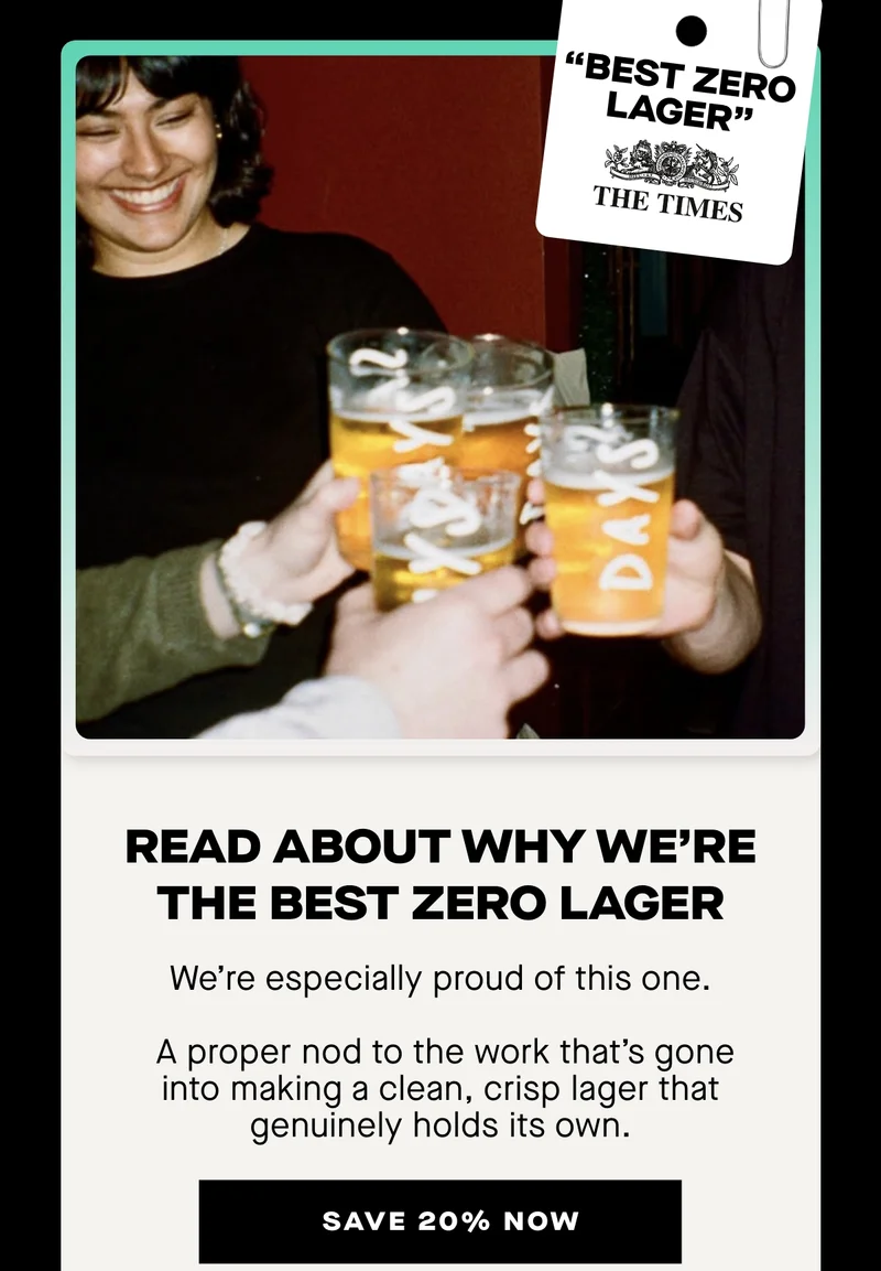 Why we’re a Times "Best Zero Lager"  We’re especially proud of this one. A proper nod to the work that’s gone into making a clean, crisp lager that genuinely holds its own.