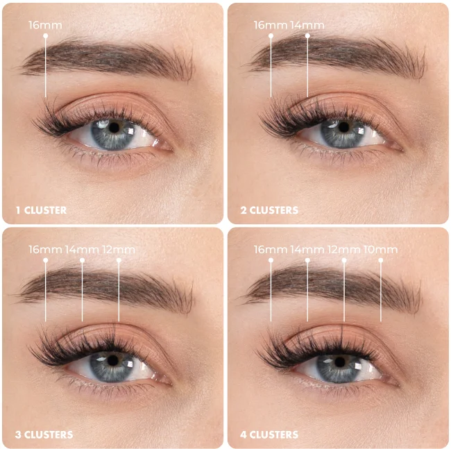 Comparison guide showing 1, 2, 3, and 4 Jazzy Lash Clusters applied to eye with length measurements from 10mm to 16mm