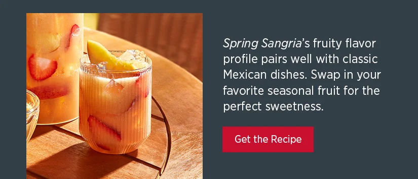 Spring Sangria's fruity flavor profile pairs well with classic Mexican dishes. Swap in your favorite seasonal fruit for the perfect sweetness