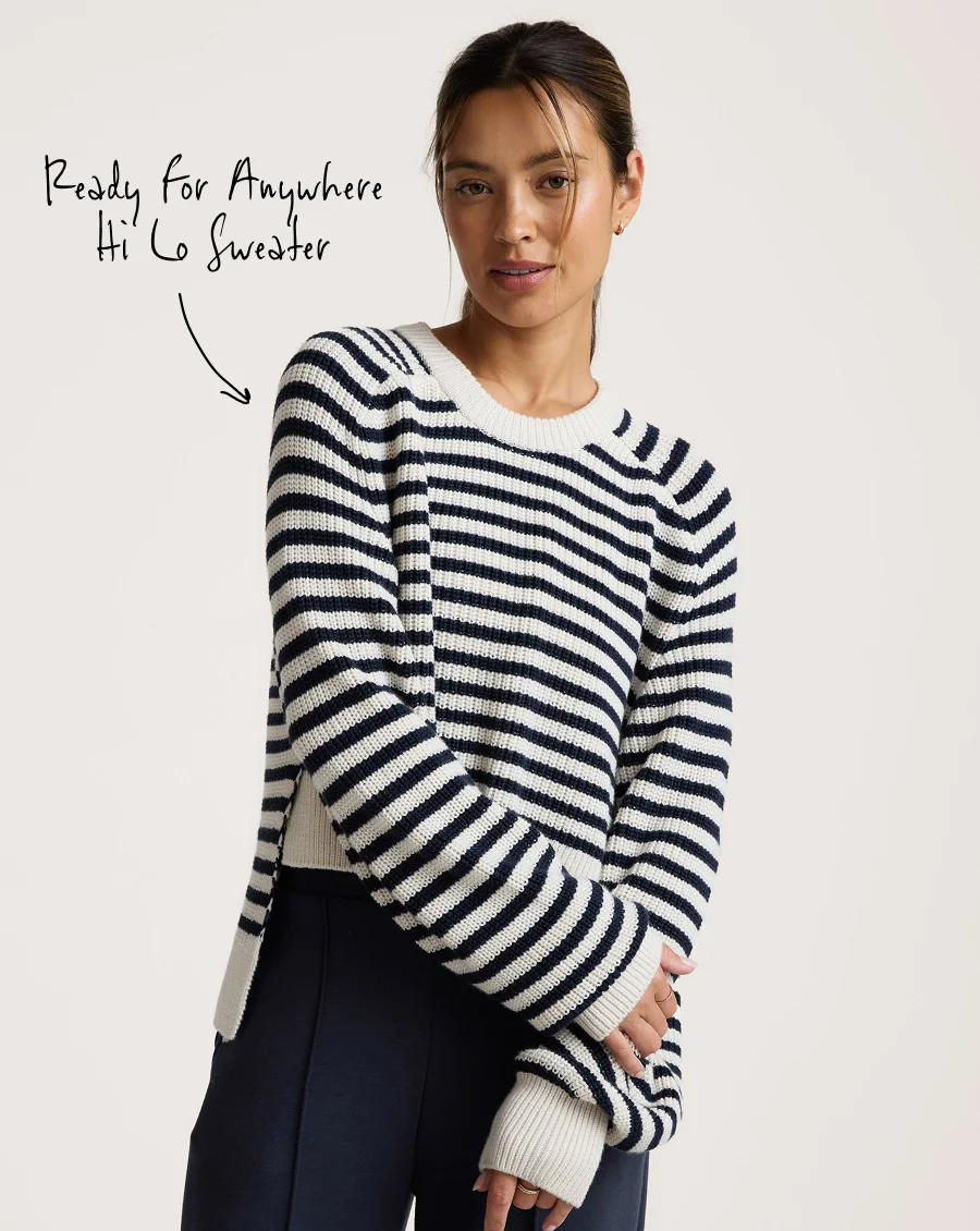 Ready For Anywhere Hi Lo Sweater in Nocturnal Navy Stripe