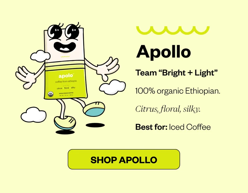 Apollo Team “Bright + Light” 100% organic Ethiopian. Citrus, floral, silky. Best for: Iced Coffee Apollo Team “Bright + Light” 100% organic Ethiopian. Citrus, floral, silky. Best for: Iced Coffee