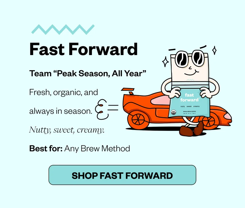 Fast Forward Team “Peak Season, All Year” Fresh, organic, and always in season. Nutty, sweet, creamy. Best for: Any Brew Method CTA: Shop Fast Forward Fast Forward Team “Peak Season, All Year” Fresh, organic, and always in season. Nutty, sweet, creamy. Best for: Any Brew Method CTA: Shop Fast Forward