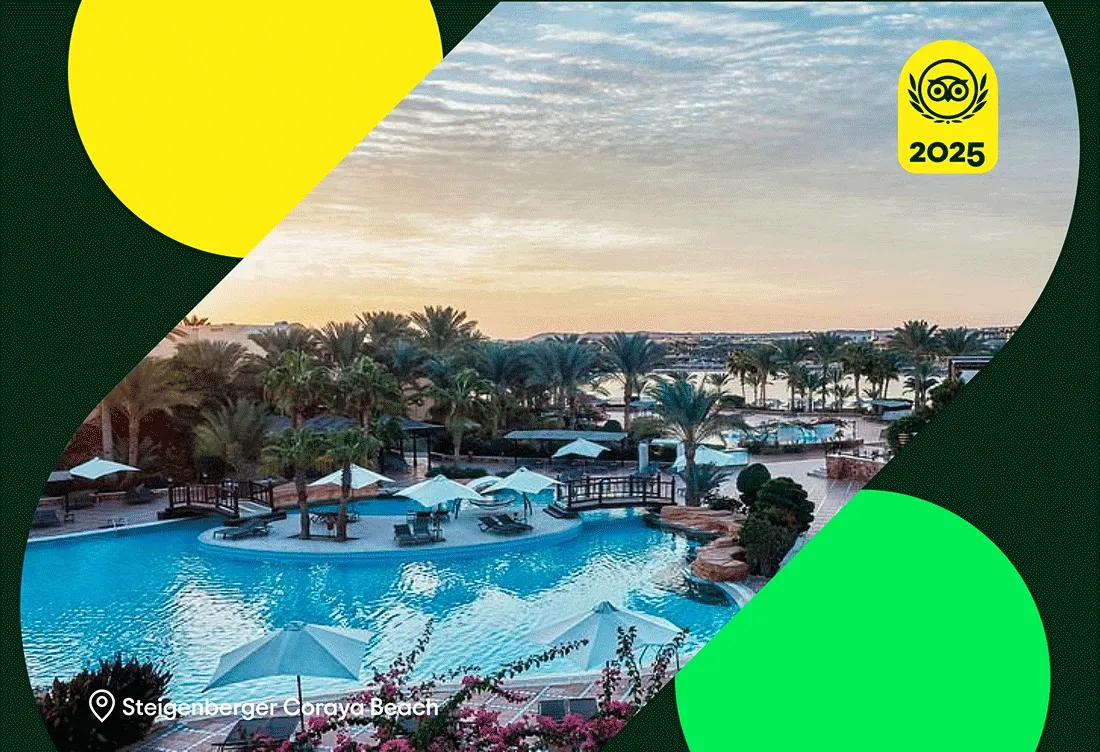 Rotating GIF of an outdoor pool at Steigenberger Coraya Beach, a modern hotel room at Quest Orange, and a balcony with mountain views at Mount Lofty House & Estate Adelaide Hills