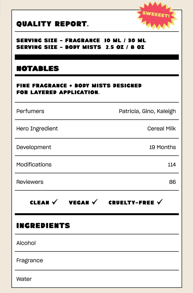 Perfumer: Patricia, Gino, Kaleigh Hero Ingredient: cereal milk Development: 18 months Modifications: 114 Reviewers: 86 Clean ✓ Vegan ✓ Cruelty-Free ✓