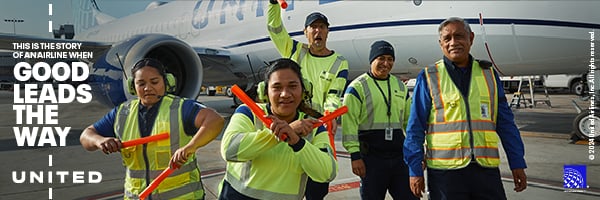 United ad. Copy reads "This is the story of an airline when good leads the way. United" Image is of airport controllers on the ground