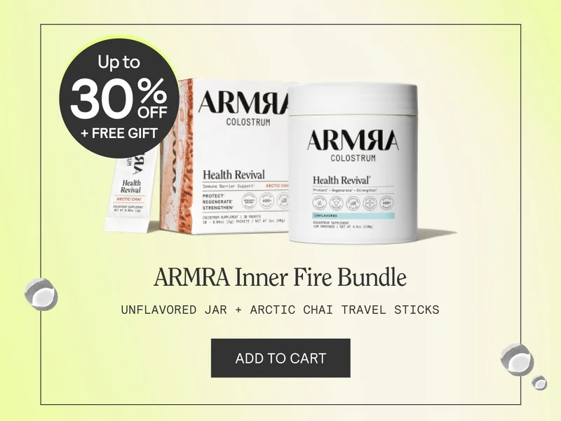 ARMRA Inner Fire Bundle. Unflavored Jar + Arctic Chai Travel sticks. Add to cart. Shows product with a badge reading "Up to 30% off + Free Gift" ARMRA Inner Fire Bundle. Unflavored Jar + Arctic Chai Travel sticks. Add to cart. Shows product with a badge reading "Up to 30% off + Free Gift"