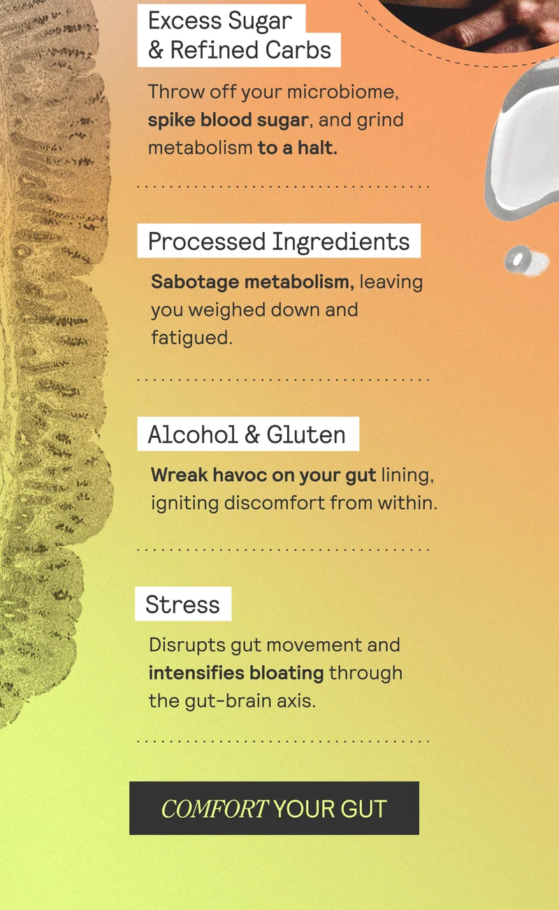 EXCESSIVE SUGAR & REFINED CARBOHYDRATES Disrupt the microbiome and trigger blood sugar imbalance and metabolic slowdown  ALCOHOL & GLUTEN Damage the delicate gut lining and trigger inflammation  PROCESSED INGREDIENTS Lead to metabolic disruption, leaving you feeling sluggish and heavy  STRESS Affects gut motility and exacerbates bloating via the gut-brain axis