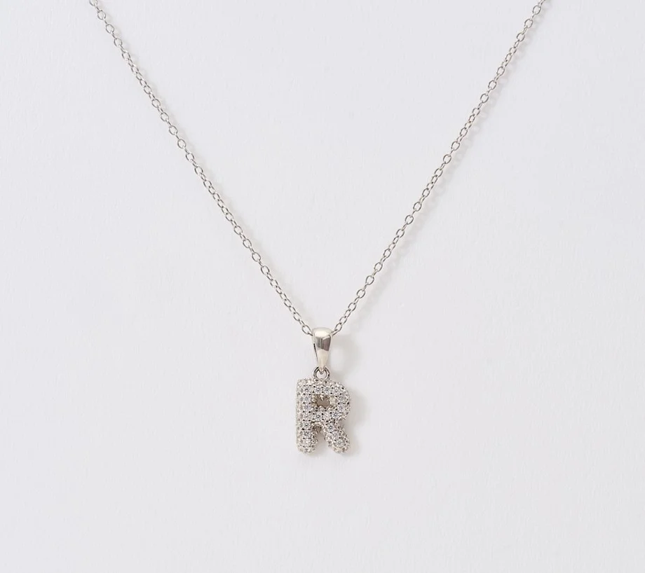 Diamonique Puffed Pave Bale Initial Necklace w/ Box, Sterling