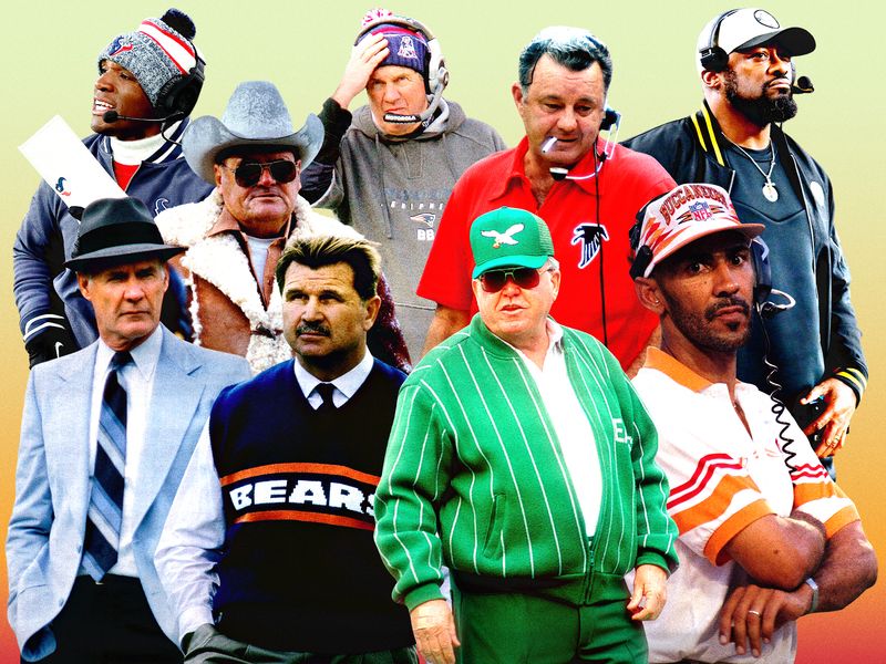 Image may contain: Norm Van Brocklin, Mike Ditka, Buddy Ryan, Bill Belichick, Clothing, Hat, Baseball Cap, Cap, and People