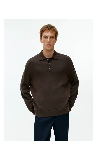 Long-Sleeved Merino Polo Shirt Dark Mole