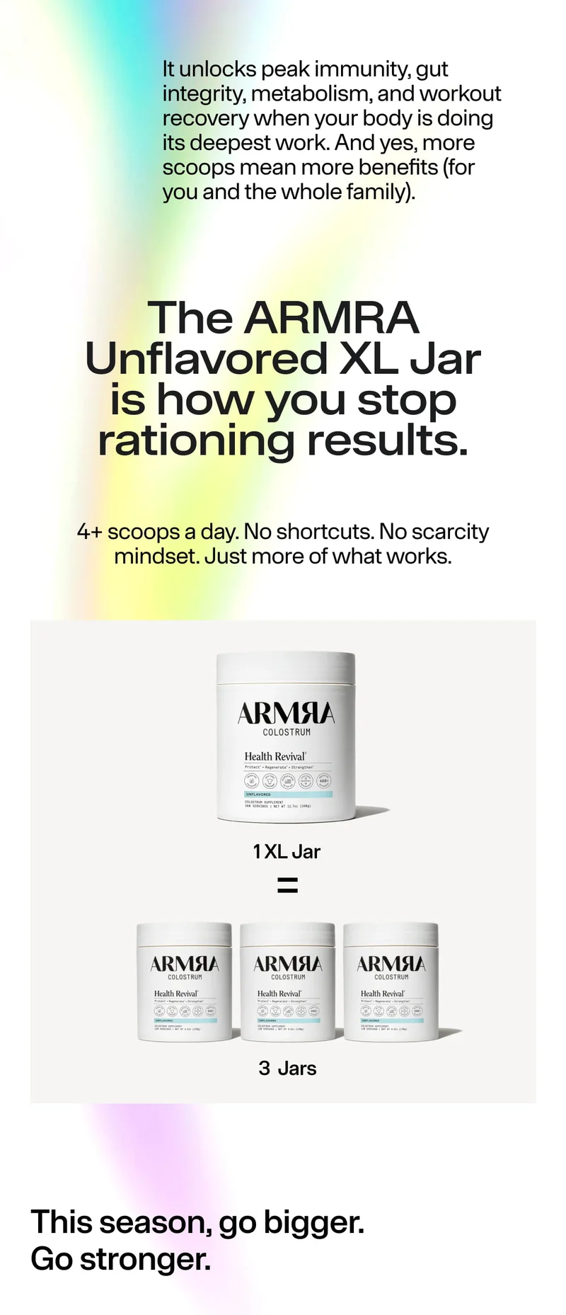 Visual comparison showing one XL jar equals three standard ARMRA jars.