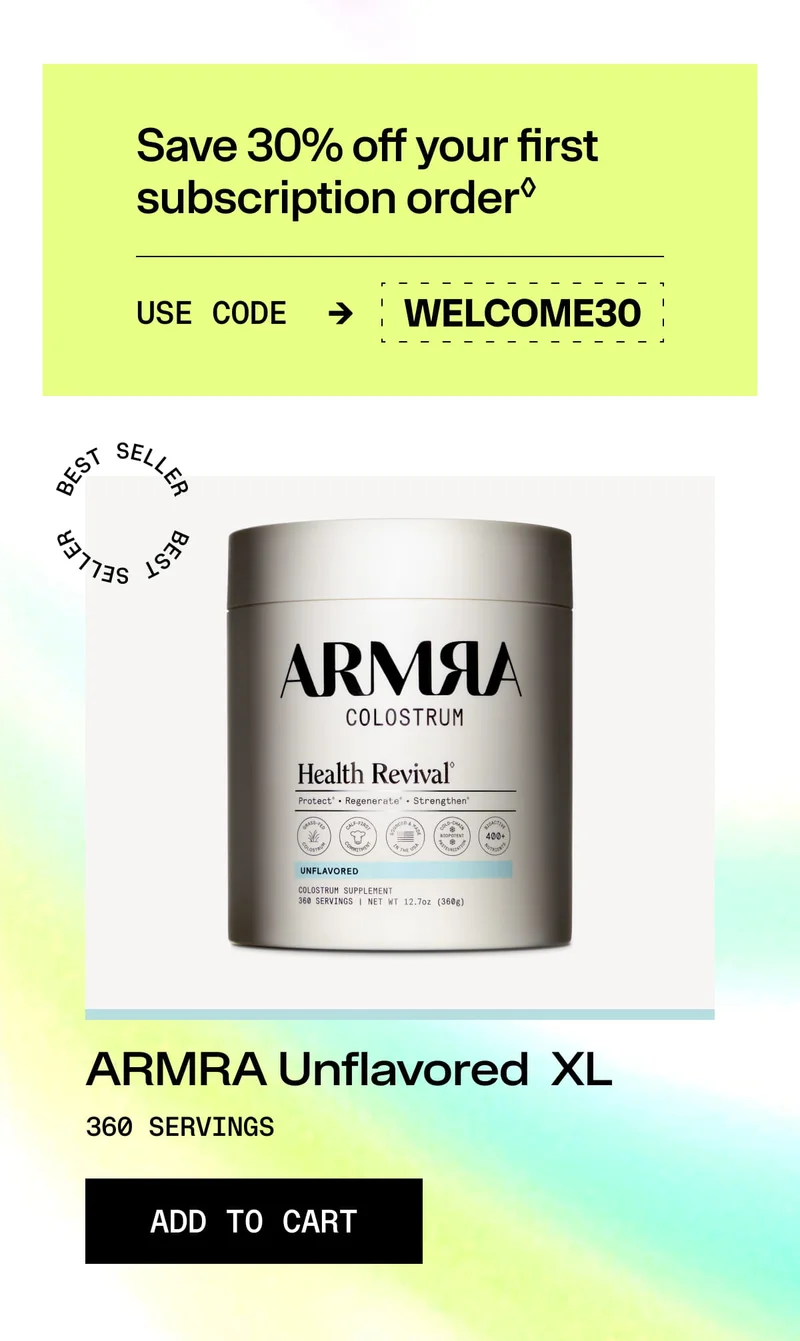 ARMRA Colostrum Unflavored XL product image with add-to-cart call to action.