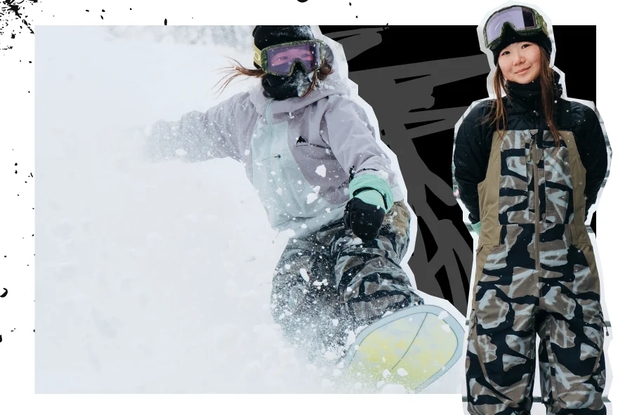 Burton Rider, Leila Iwabuchi riding powder in Burton Reserve 2L Jacket and Bib.