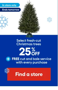 Select fresh-cut Christmas trees 25% OFF + FREE cut and bale service with every purchase.