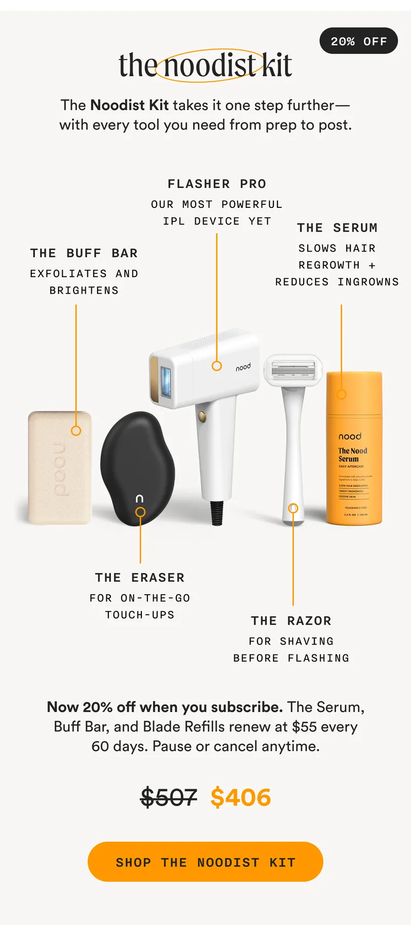 (20% OFF) - the noodist kit - The Noodist Kit takes it one step further—with every tool you need from prep to post. - Now 20% off when you subscribe. The Serum, buff Bar, and Blade Refills renew at $55 every 60 days. Pause or cancel anytime. - $507 | $406 - SHOP THE NOODIST KIT