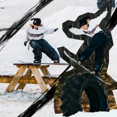 Burton Rider, Ylfa, sliding on a picnic bench in the snow