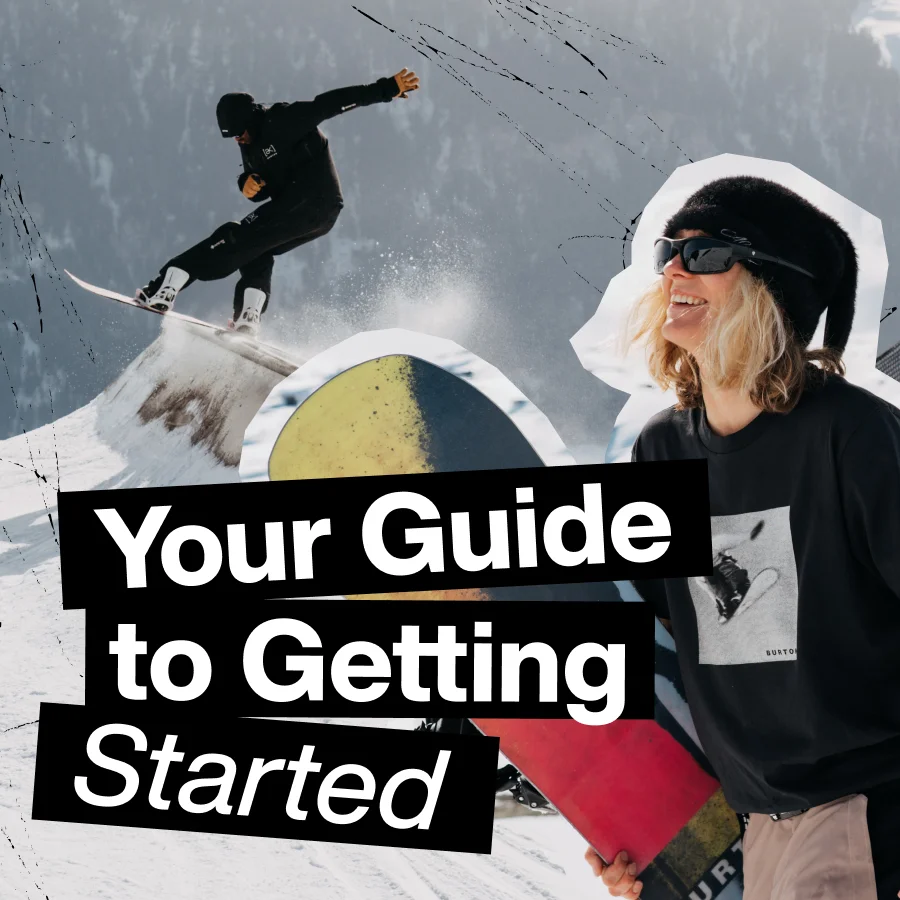 Burton Rider, Ylfa sliding a rail on the Burton Rewind Snowboard and in Burton Outerwear, with the text 'Your Guide to Getting Started'