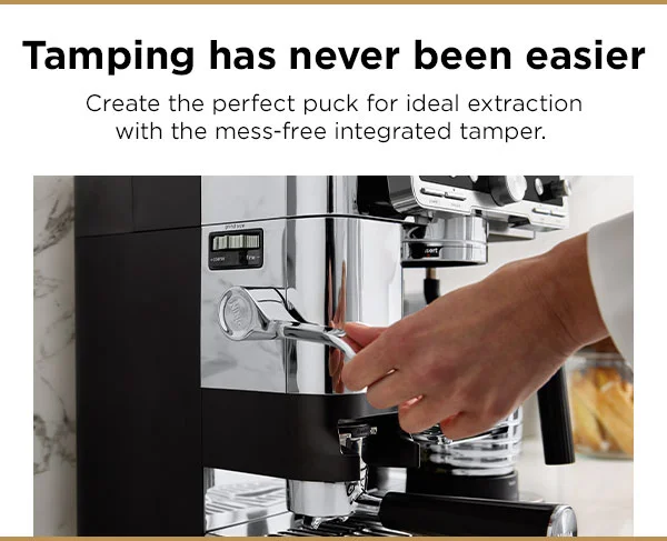 Tamping has never been easier--Create the perfect puck for ideal extraction with the mess-free integrated tamper.