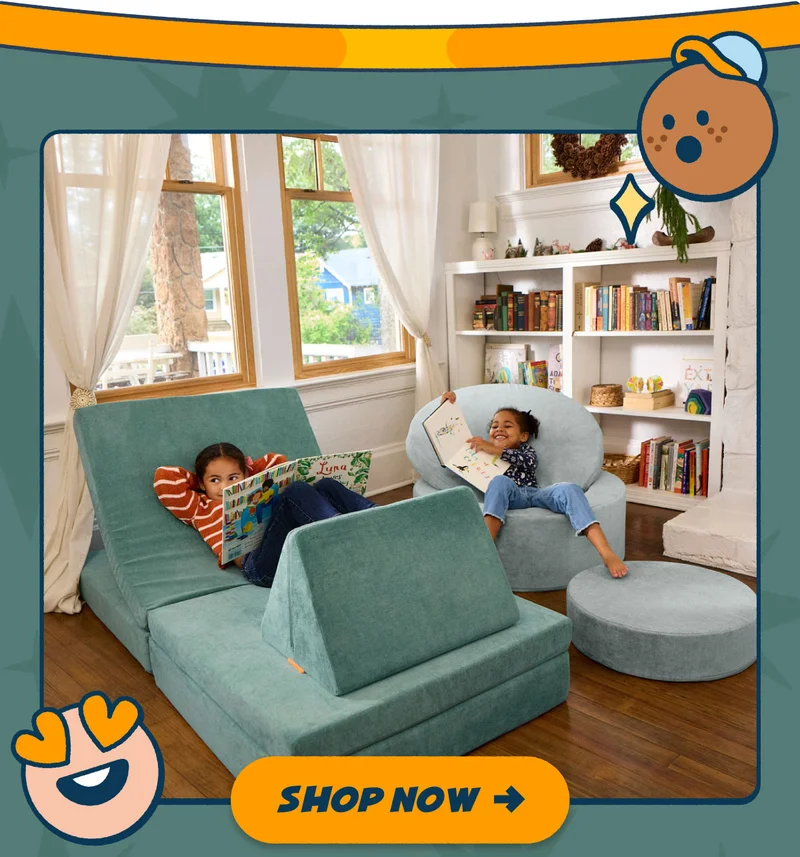 Two children lounge on their Nugget in Seamonster and Chunk in Surfside.