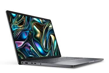 Side view of a Dell laptop computer on a dark gray                                                                                 background.