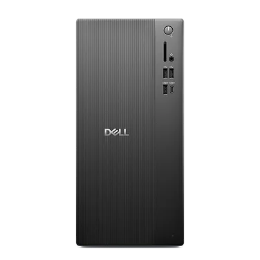 A Dell desktop computer on a dark gray                                                 background.