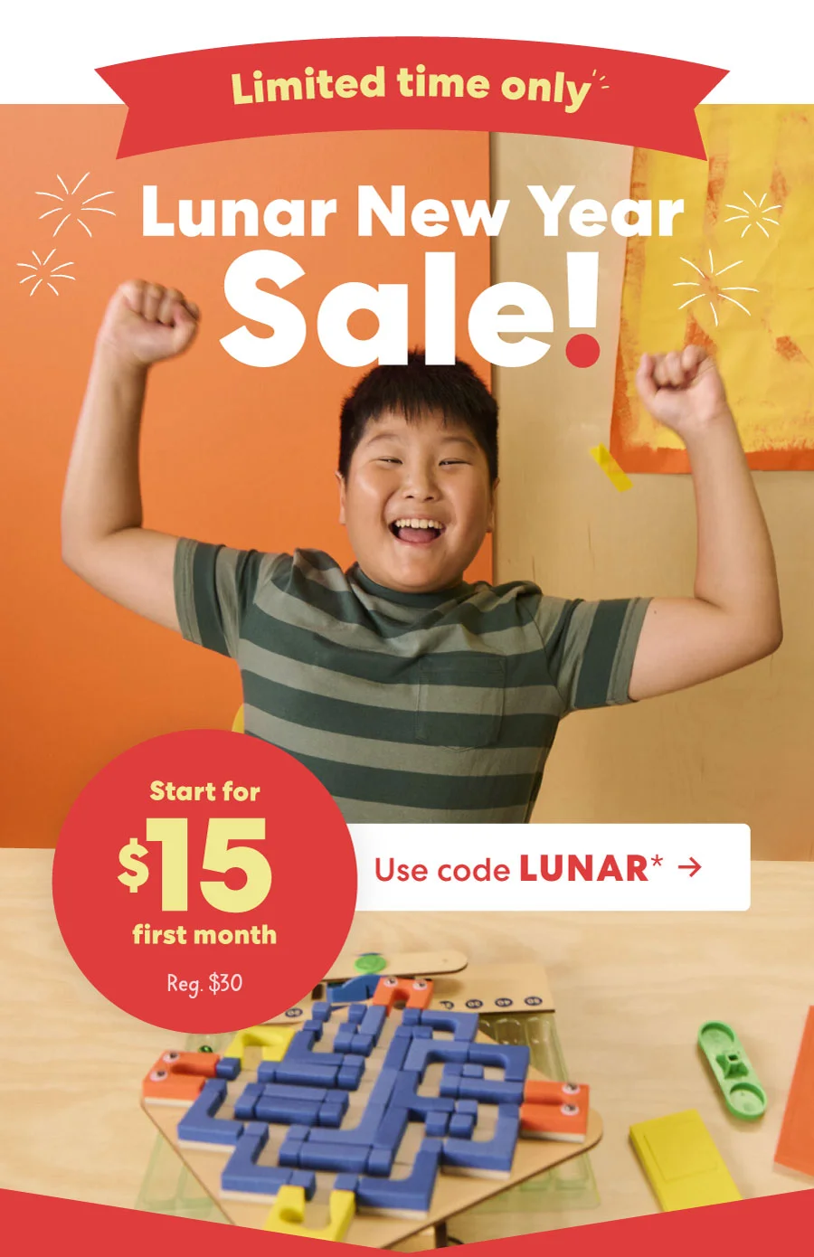 Brightly colored KiwiCo projects, including a dragon and DIY lantern, with a special offer: $15 for the first month. Use code LUNAR*. Click here to use code LUNAR* and claim $15 for your first month.