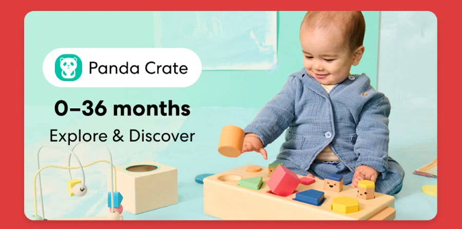 Baby playing with a KiwiCo Panda Crate toy. Designed for ages 0–36 months to explore and discover.