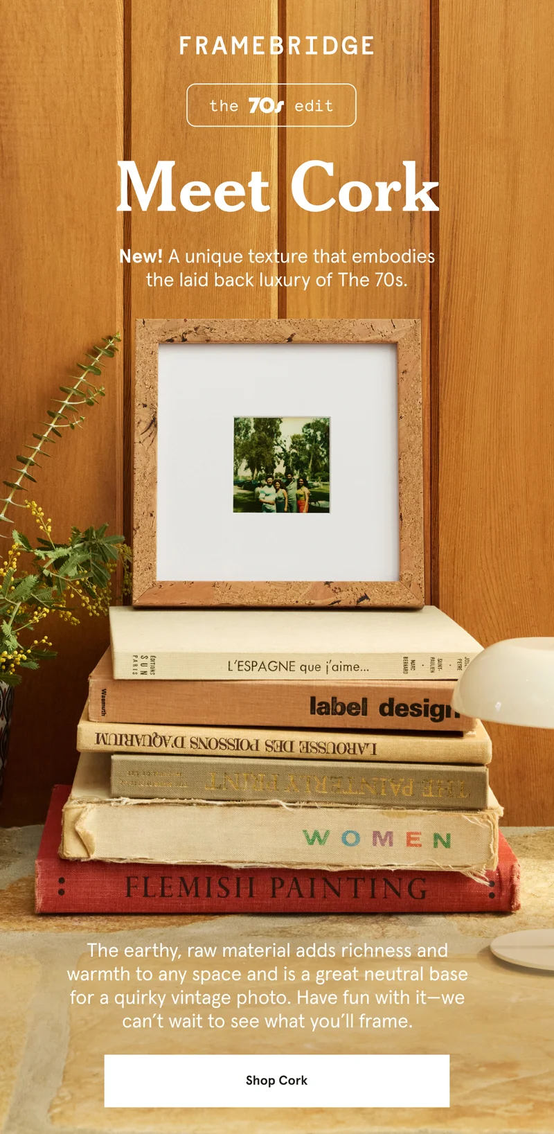 Meet Cork. The earthy, raw material adds richness and warmth to any space and is a great neutral base for a quirky vintage photo. Have fun with it—we can’t wait to see what you’ll frame.
