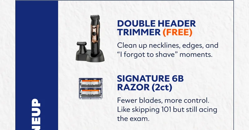 Double Header Trimmer (FREE) – Clean up necklines, edges, and “I forgot to shave” moments. Signature 6B Razor (2ct) – Fewer blades, more control. Like skipping 101 but still acing the exam.