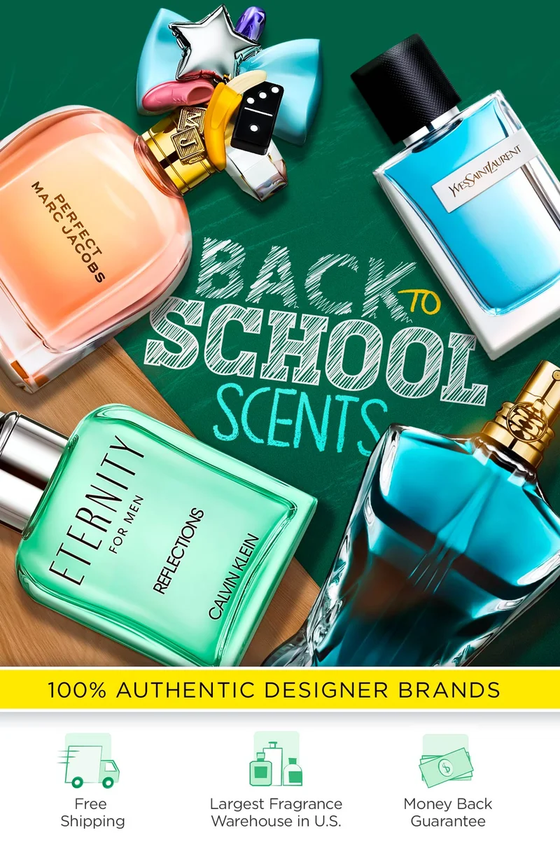 Popular fragrances on a chalkboard with a back to school sale message