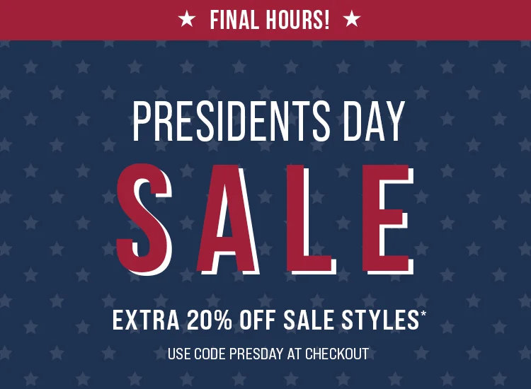 Presidents Day Sale - Use code discount code at checkout for extra 20% off sale styles. *Exclusions Apply.