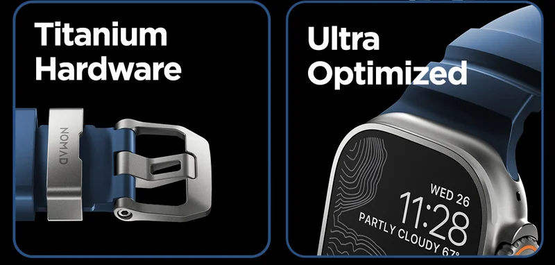 Titanium Hardware on Rocky Point Band Atlantic Blue. Ultra Optimized with overmolded lugs that fits seamlessly with Apple Watch Ultra.