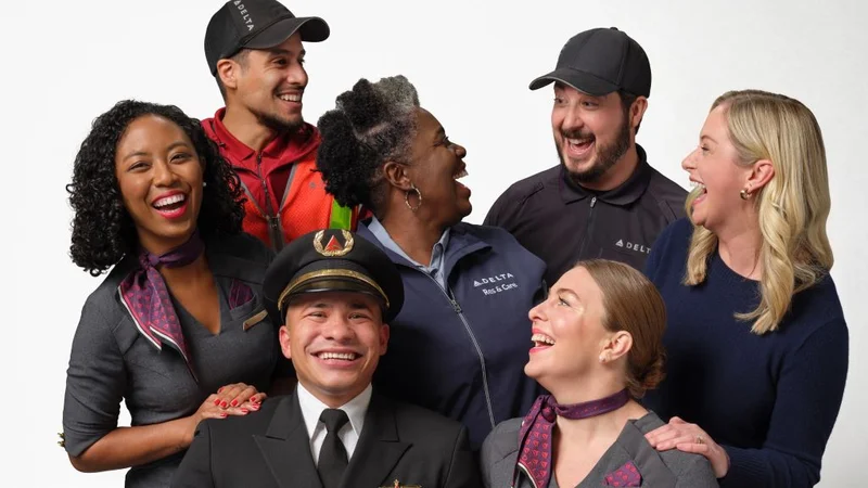 A diverse group of Delta employees smile for a group shot