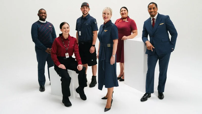 A group of Delta frontline employees pose for a photo wearing Delta's new uniform prototypes.