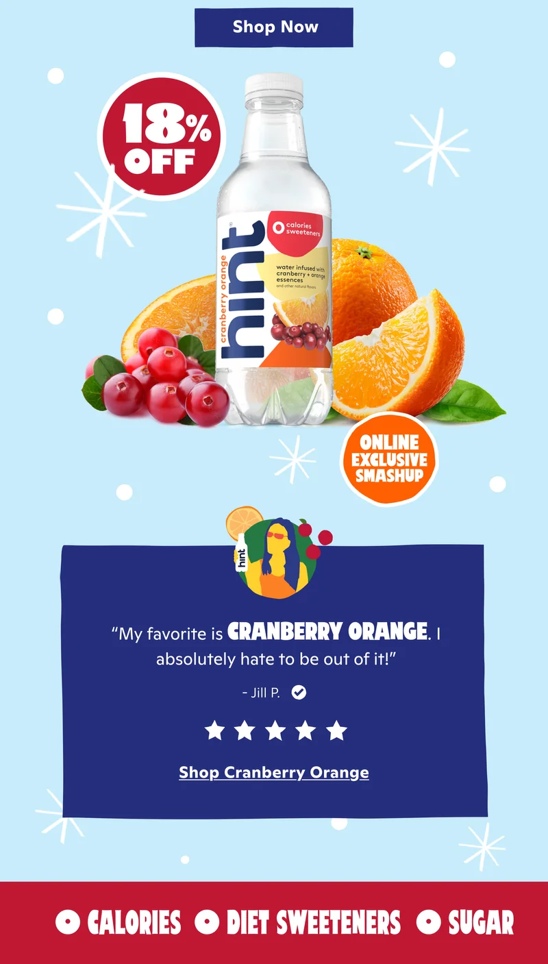 Cranberry Orange bottles with review saying "The Cranberry Orange was an excellent change from my usual flavors." 5 stars.