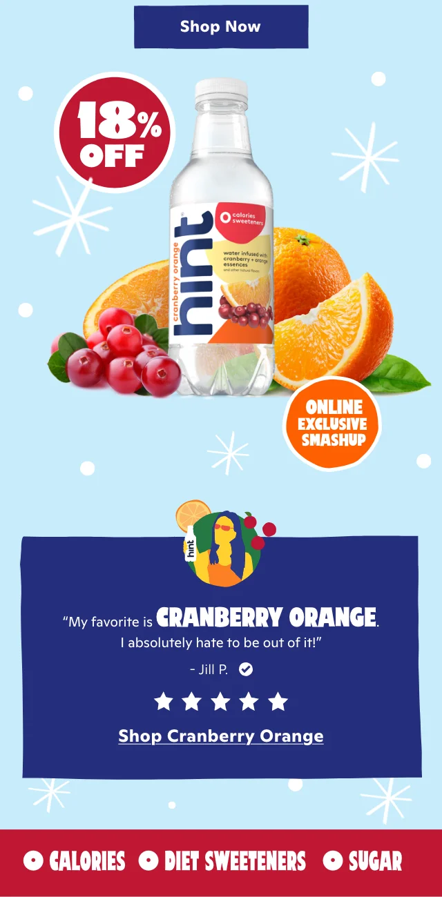 Cranberry Orange bottles with review saying "The Cranberry Orange was an excellent change from my usual flavors." 5 stars.