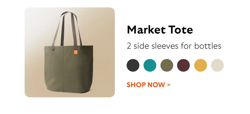 [Header] Market Tote [Subhead] 2 side sleeves for bottles CTA SHOP NOW