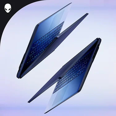 Two Alienware Aurora gaming laptops floating in midair.