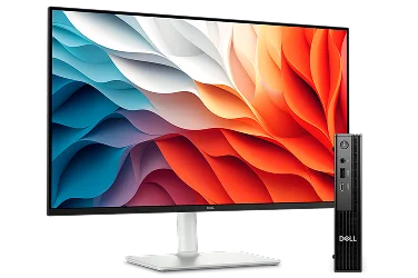 A Dell 27 Plus QHD Monitor next to a Dell Pro Micro Desktop computer.