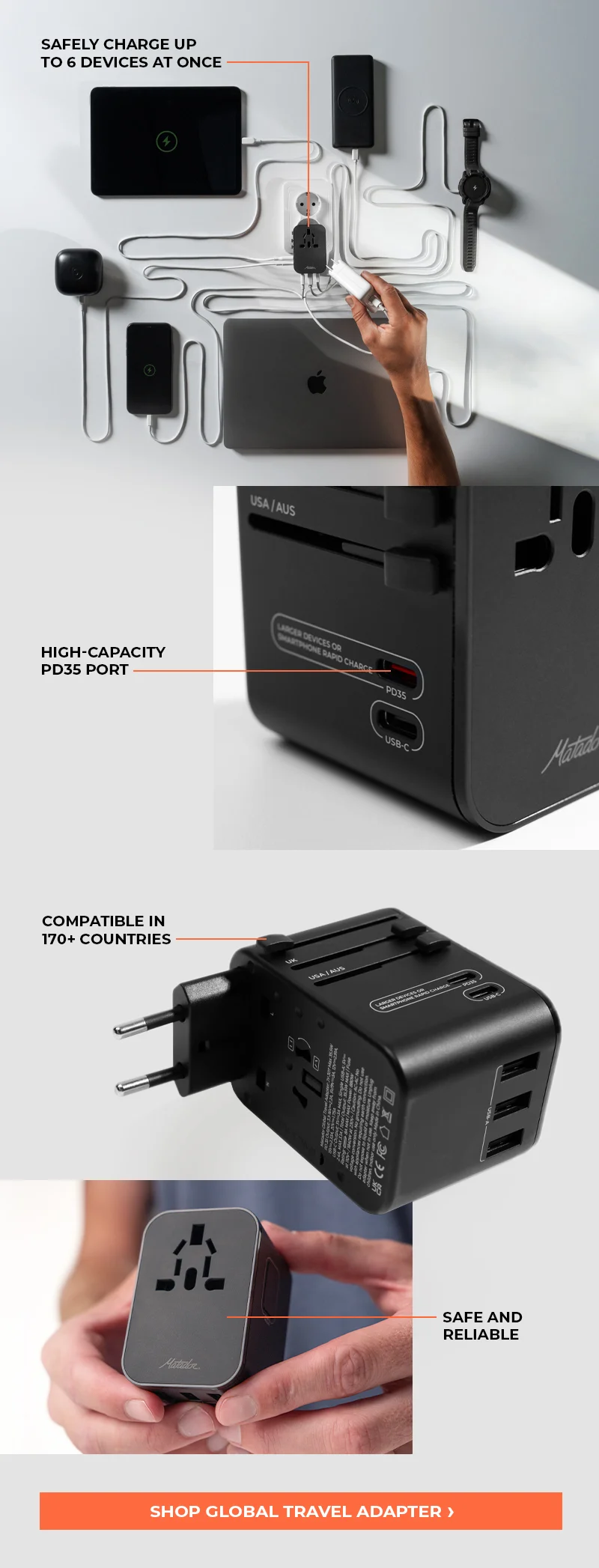 safely charge up to 6 devices at once, integrated high-capacity PD35 port, compatible in 170+ countries, lightweight and compact